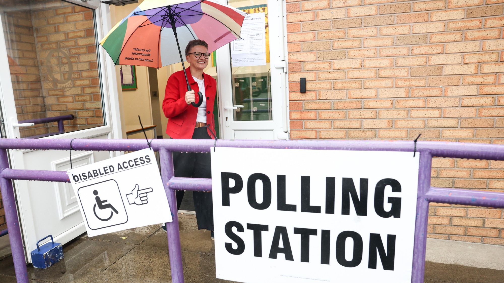 Labour candidate Bev Craig exits a polling station in Didsbury after voting in the Greater Manchester mayoral by-election