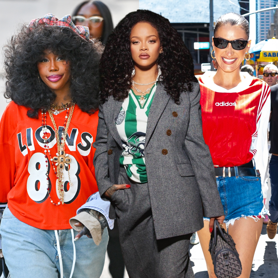 A collage of celebrities wearing sports jerseys