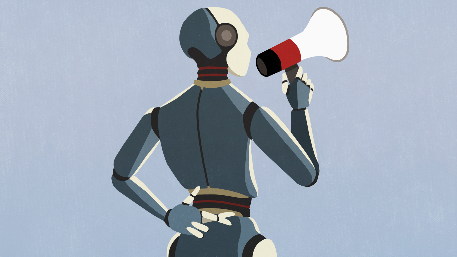 Robot with bullhorn and fingers crossed behind back.