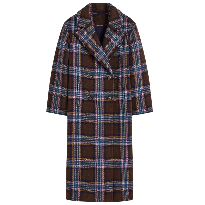 Boden, Cocoon Wool Coat-Brown, Teal and Pink Check