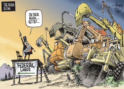 Political cartoon U.S. congress federal land rush