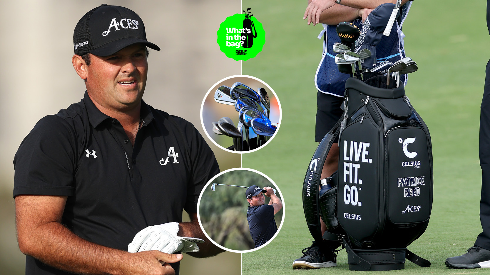 Patrick Reed and his golf bag, with pictures of various images in the middle