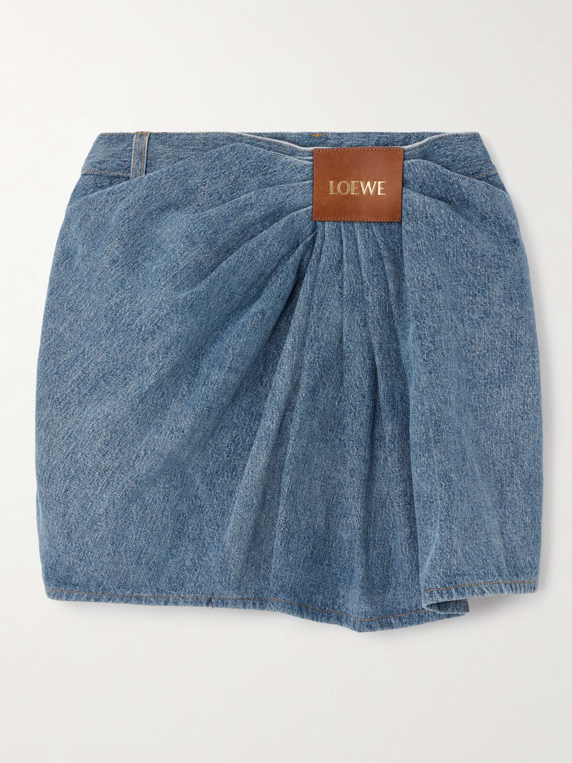 Leather-Trimmed Draped Denim Mini Skirt