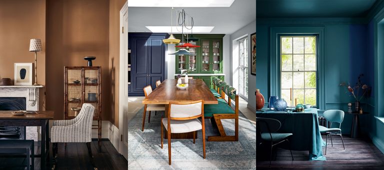 Dining room paint ideas. Three dining rooms all using dining room paint ideas. First dining room painted a dark, earthy brown-yellow shade, second dining room has painted built-in furniture in blue and green shades. Third dining room has painted walls and ceiling in a striking teal shade