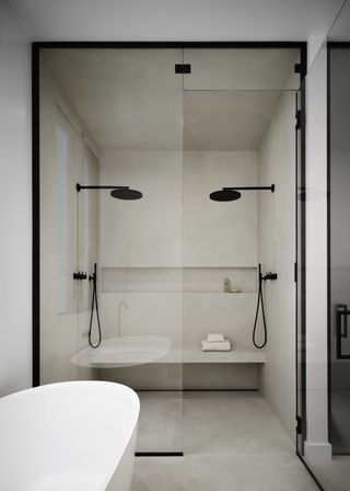 A bathroom with a walk-in shower