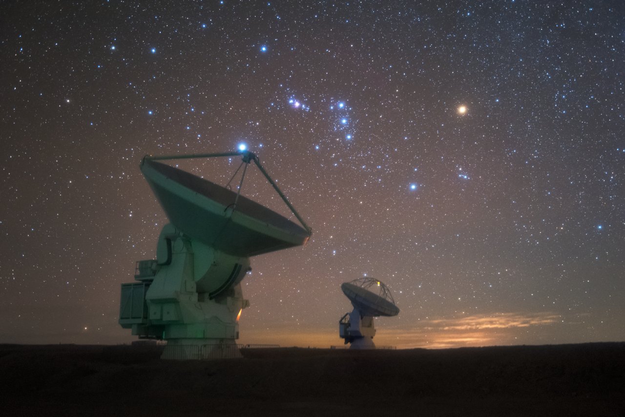 The constellation of Orion, the hunter sparkles above the Atacama Large Millimeter/submillimeter Array (ALMA) in Chile's Atacama Desert in this image by European Southern Observatory photo ambassador Yuri Beletsky. Orion is the brightest and most beautiful of the winter constellations. Some of its stars, including Betelgeuse and Rigel, are among the brightest stars in Earth's night sky.