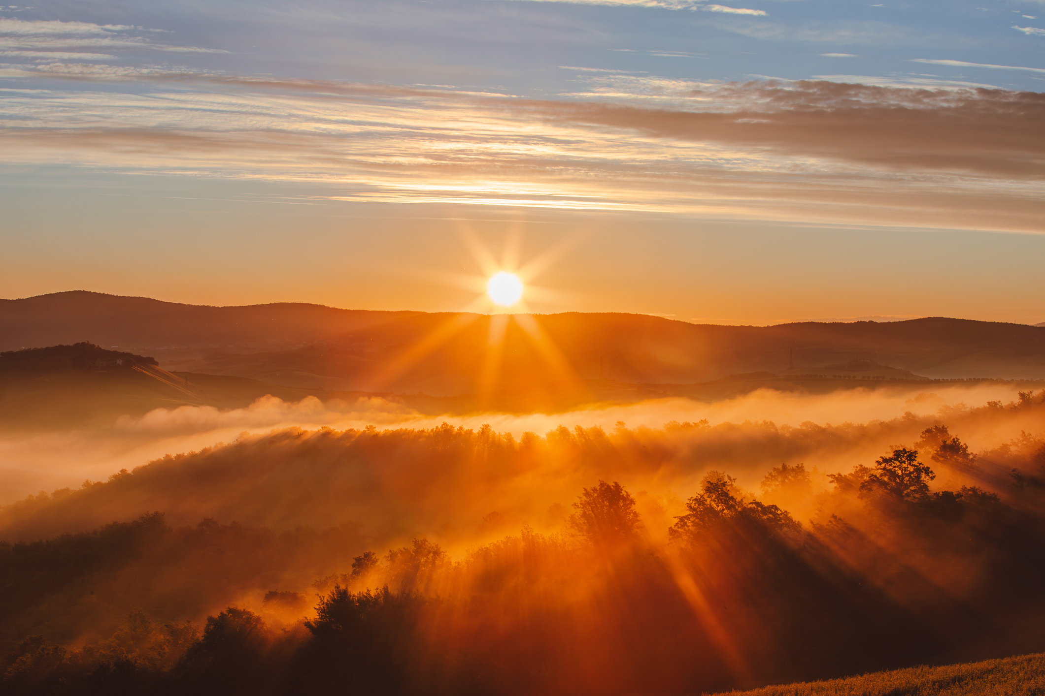 sunrise over foggy forest in tuscany, italy