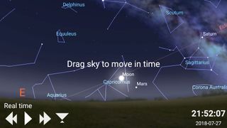 When you tap the time value displayed in the lower right corner of the screen, the Stellarium Mobile app will prompt you to drag the sky with your finger to adjust the time. Tap anywhere on the screen to return to regular operation. Here, the app is shown for midevening on opposition day, July 27, 2018, letting you predict where and when Mars will rise at your location.