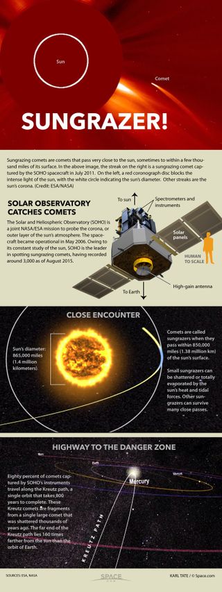 Daredevil sungrazer comets risk annihilation every time they skim the surface of our star. See how the sungrazing comets work in our full infographic here.