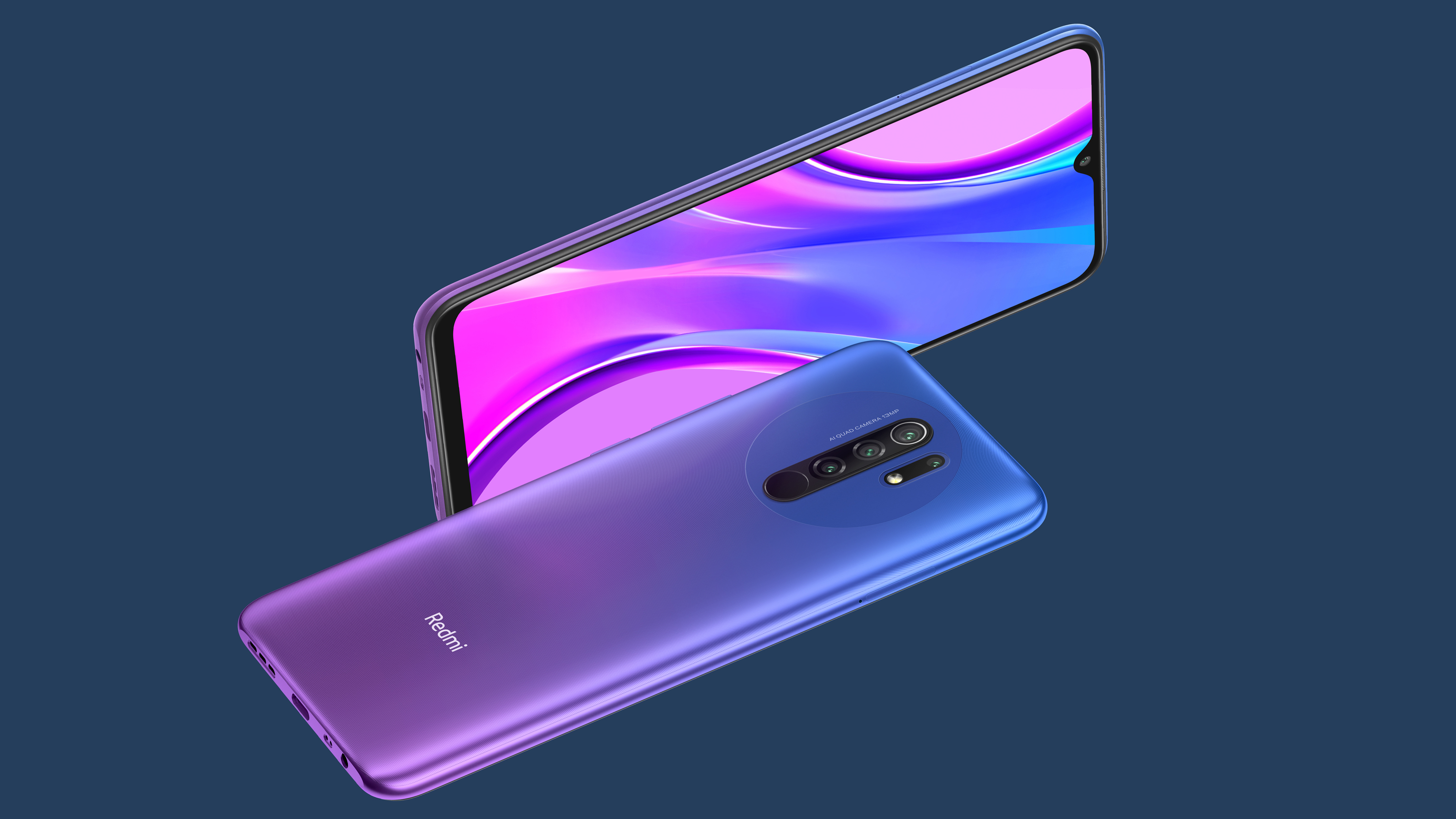  A purple Xiaomi Redmi Note 9 Pro smartphone with four rear cameras and a gradient color from blue to purple.