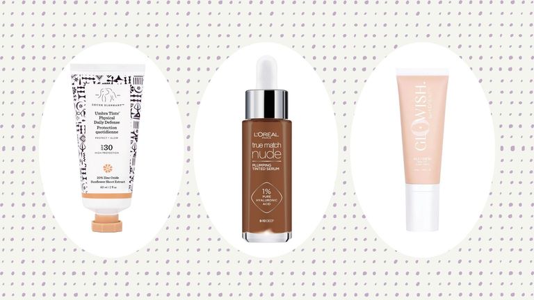 Three of the best tinted moisturizers options on a polka dot background with purple spots