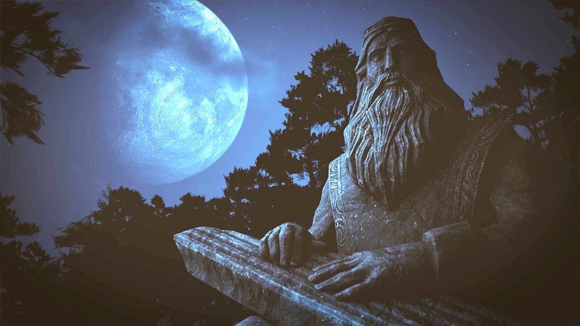 Among The Trolls by Avantgarden Games; a large stone statue of a bearded man holding a musical instrument, the moon is large and in the background