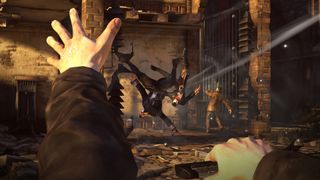 A magic attack sends enemies flying in Dishonored