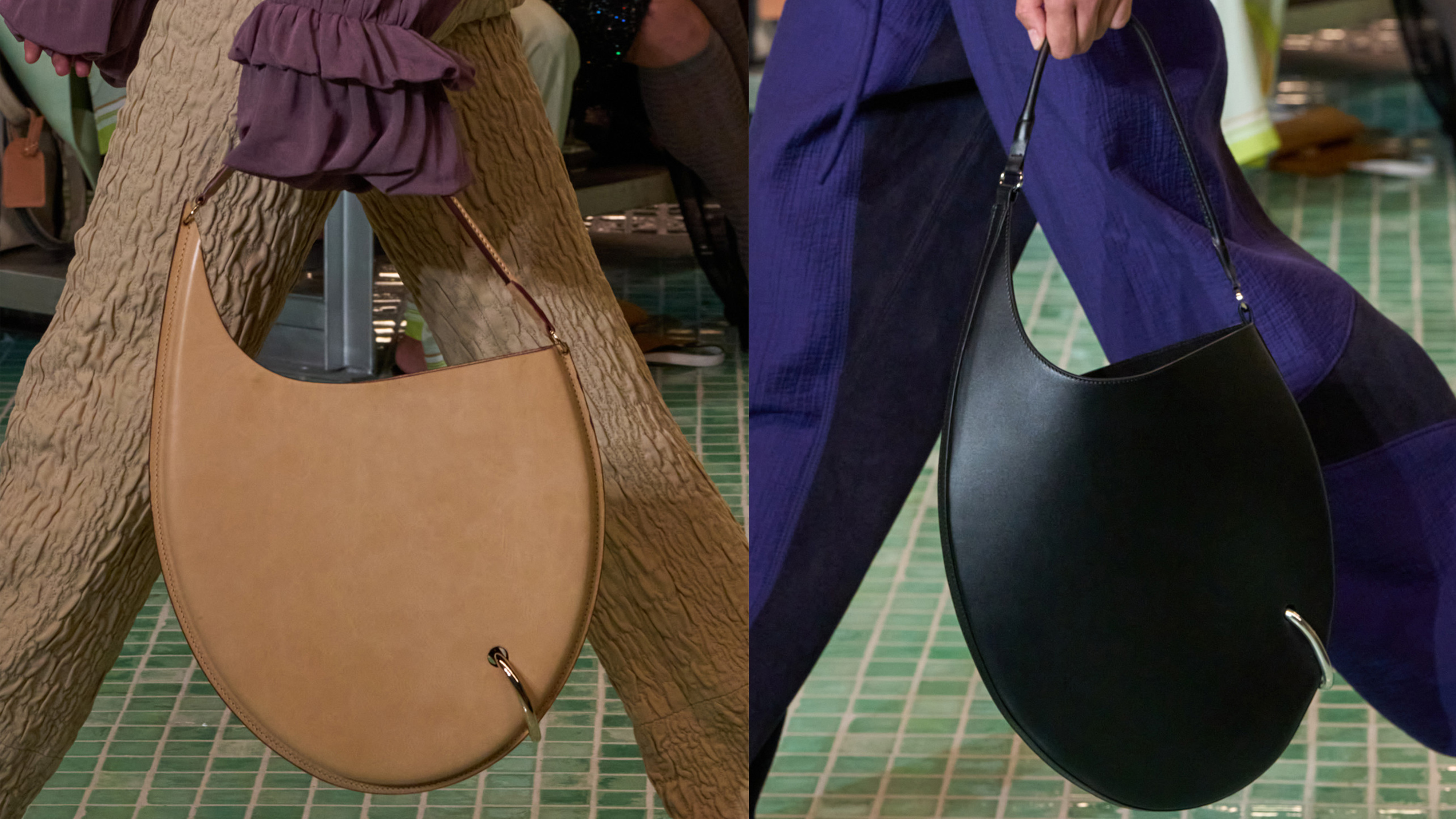 Two pierced handbags from Tory Burch's S/S 25 runway show.
