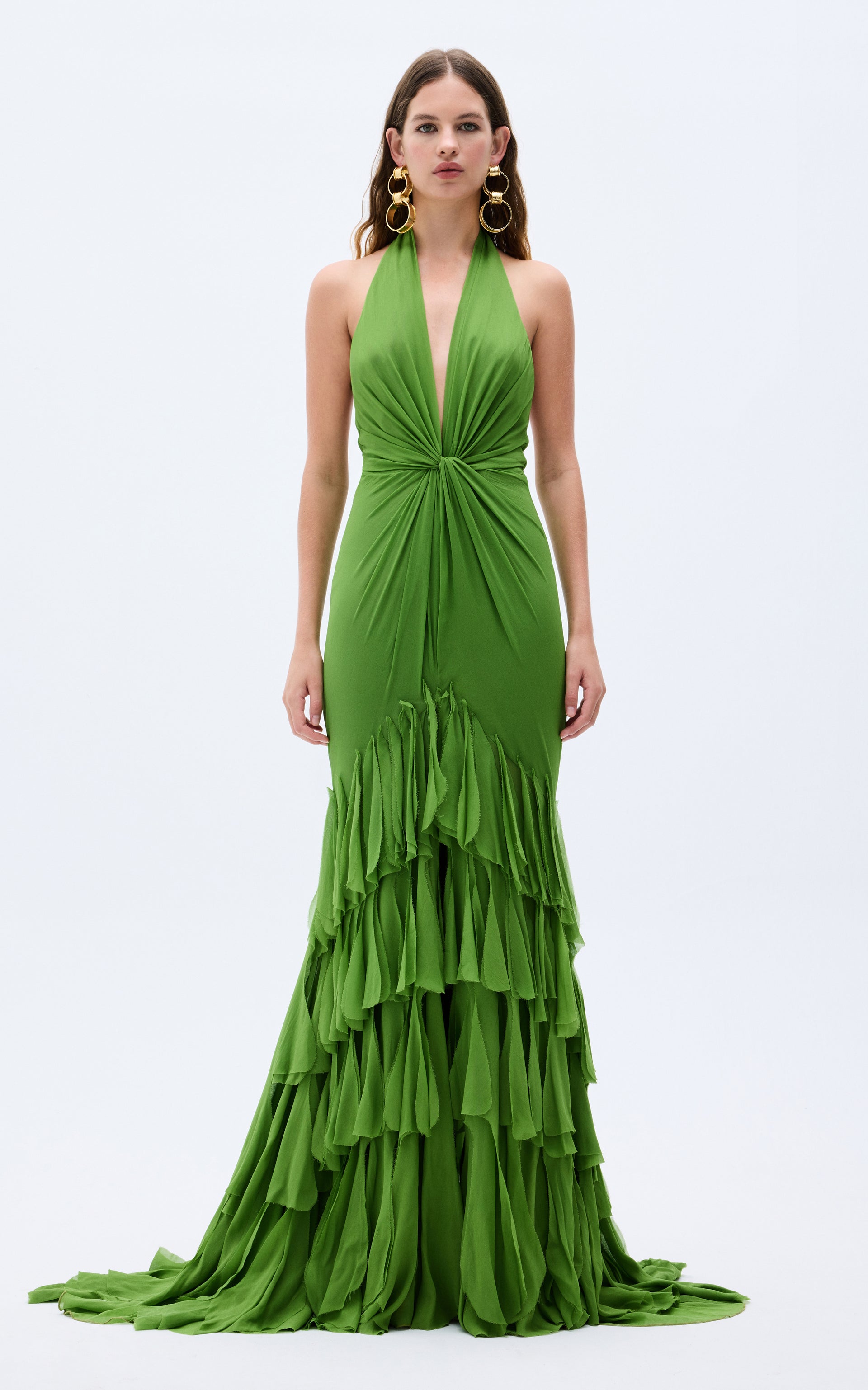 Pistachio Green Chiffon Laser Cut Frilled Gown With Slit in the Front