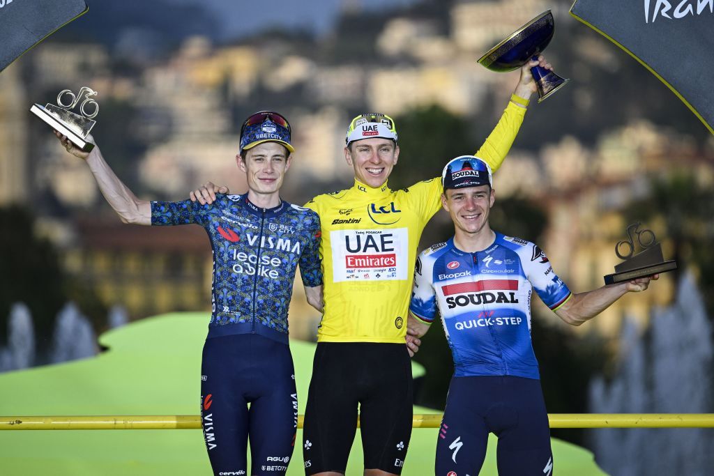 Tadej Pogačar, Jonas Vingegaard and Remco Evenepoel atop the podium of the 2024 men&#039;s Tour de France