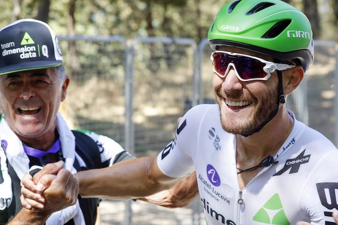 Dimension Data's Giacomo Nizzolo is congratulated for a job well done on winning stage 1 of the 2019 Vuelta a Burgos