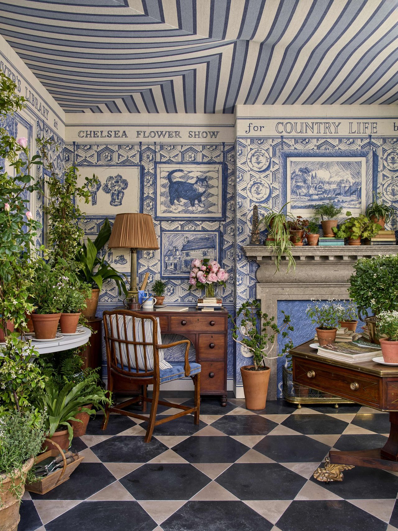 Images of the Garden Lover's Library at RHS Chelsea, showing details of the intricate stonework, books and plants