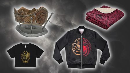 Warner Bros. House of the Dragon official merch on a cloudy gray background