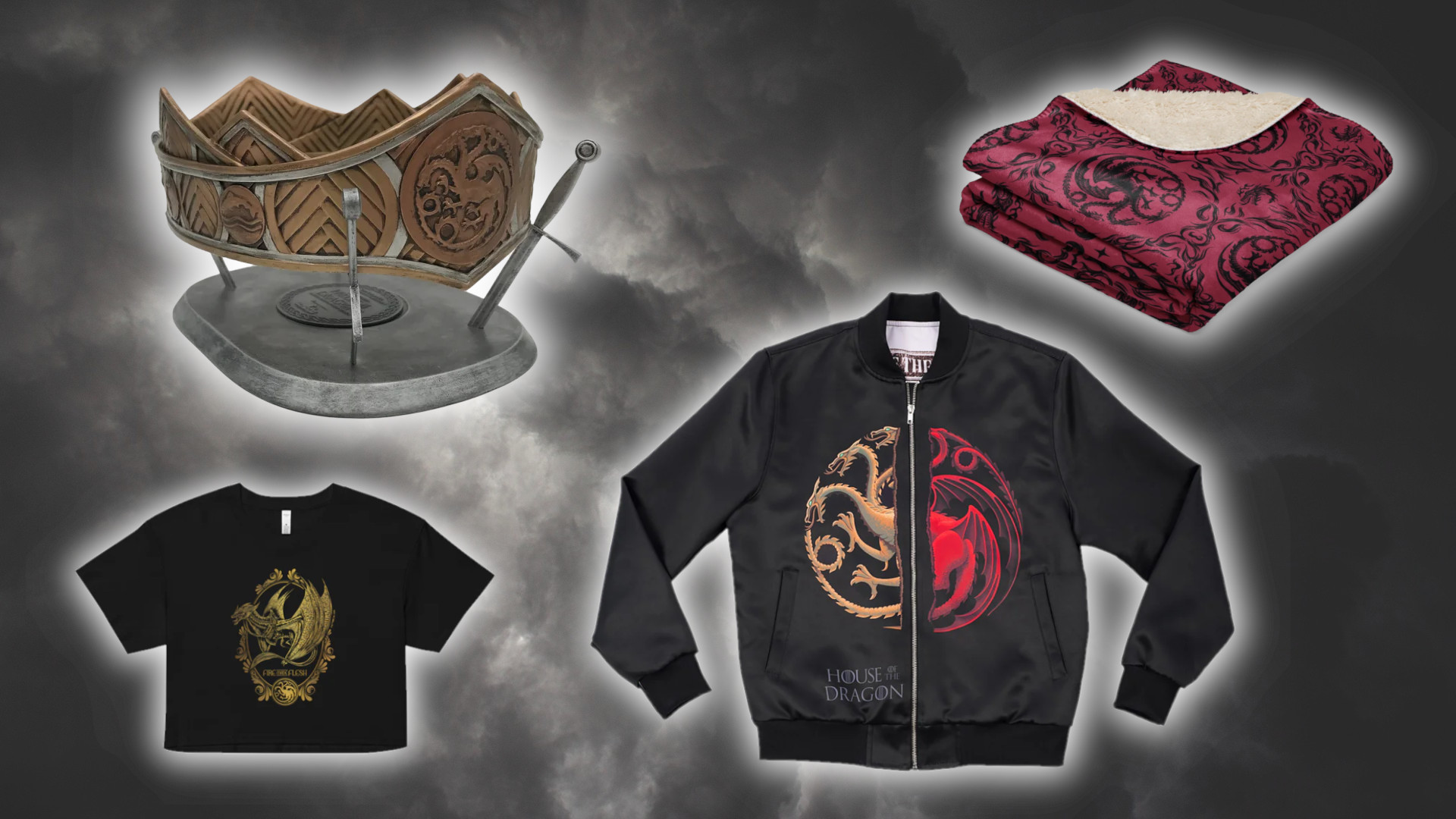 Warner Bros. House of the Dragon official merch on a cloudy gray background