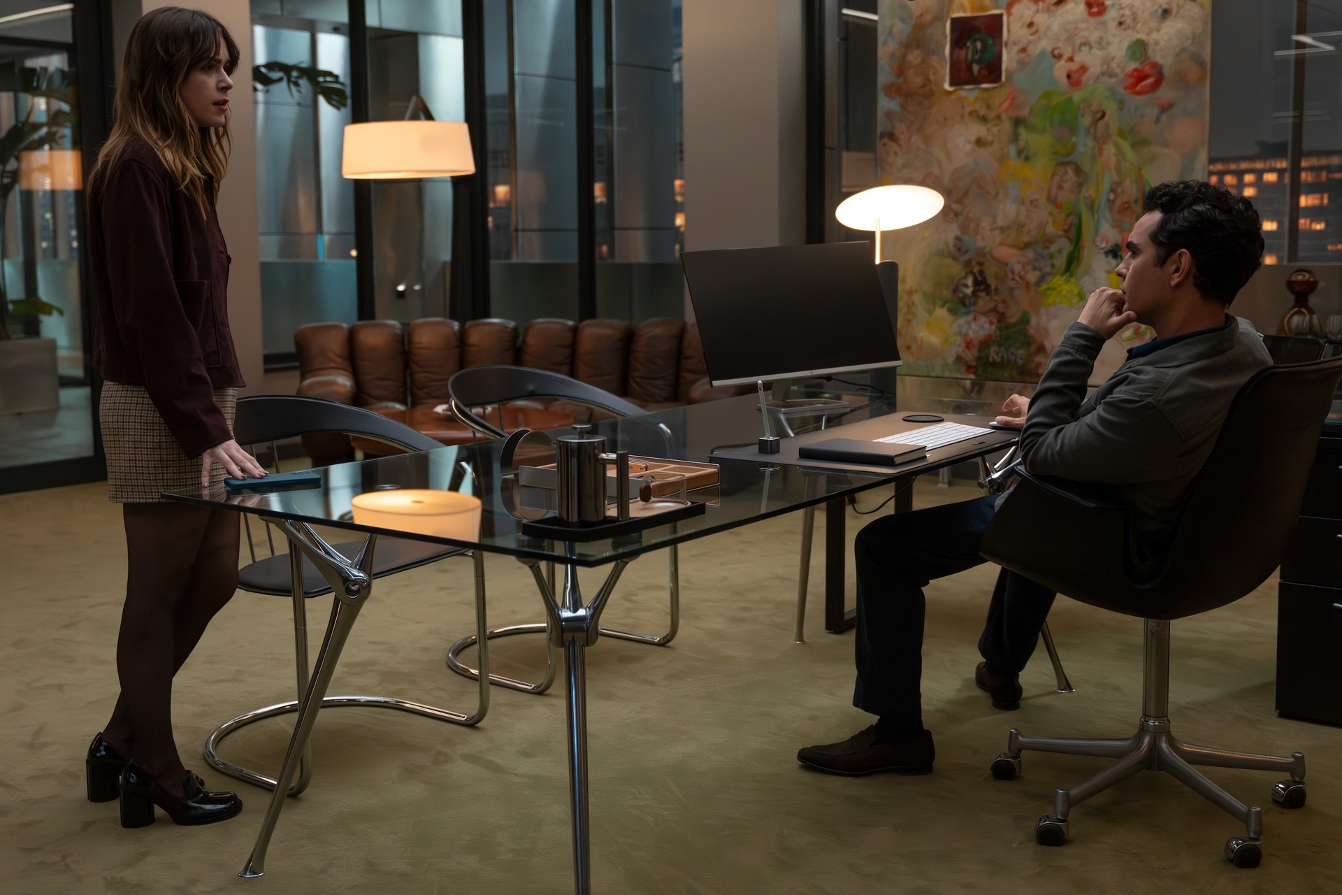 kiernan shipka as haley in industry season 4 episode 6 dear henry confronting max minghella as whitney in his office at tender