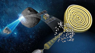 An illustration shows the Hayabusa2 spacecraft collecting samples from the asteroid Ryugu
