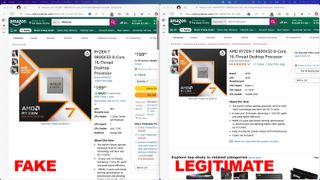 Comparison of fake and legitimate entries of the AMD Ryzen 7 9800X3D