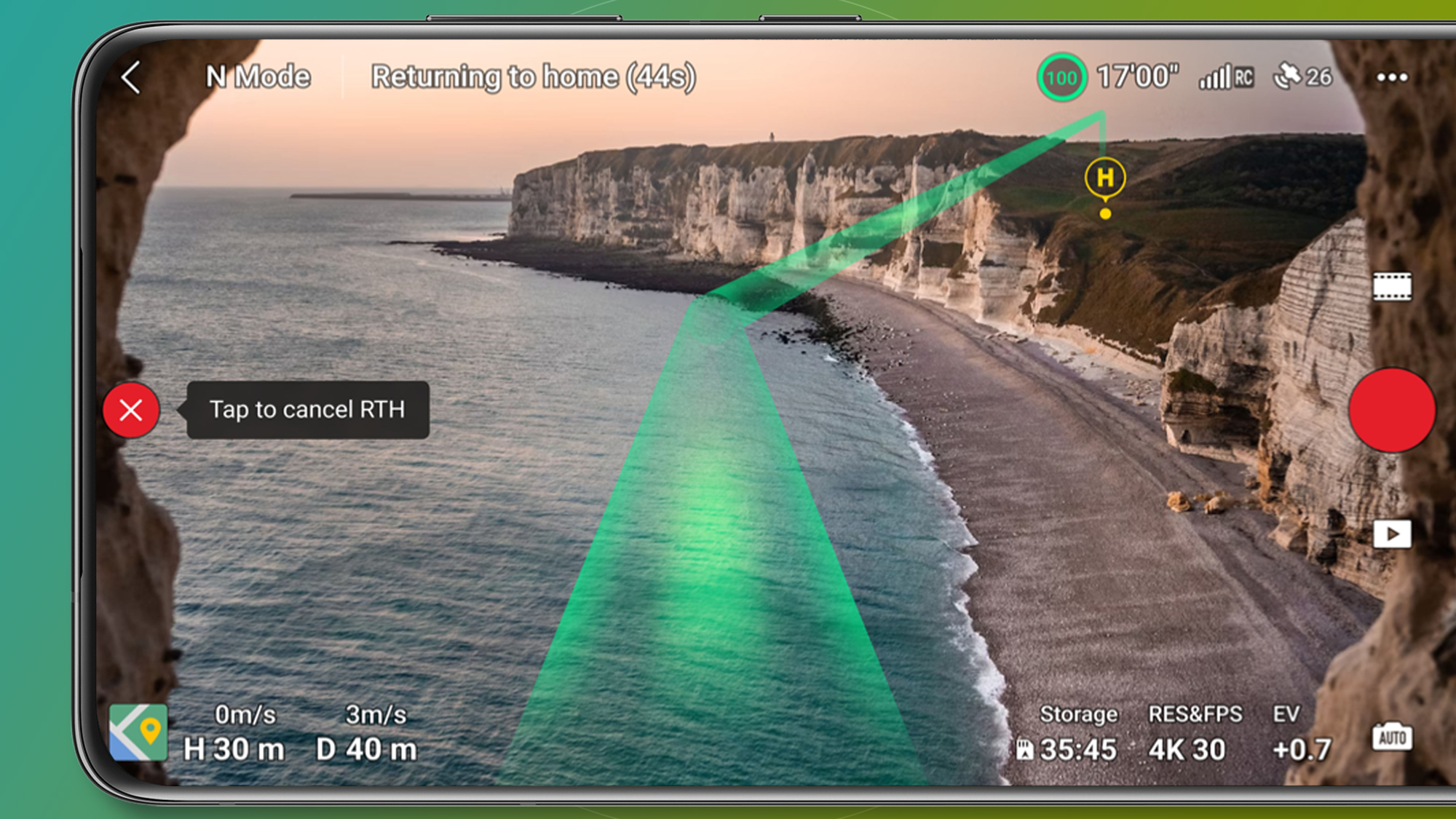 Un teléfono sobre un fondo verde que muestra la aplicación DJI Neo