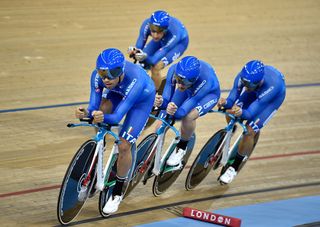 Italy's Liam Bertazzo, Italy's Simone Consonni, Italy's Elia Viviani and Italy's Francesco Lamon compete in the Men's Team pursuit qualification during the 2016 Track Cycling World Championships