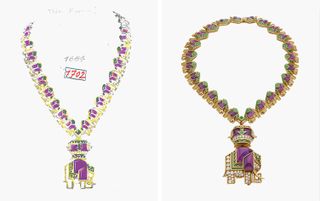Necklace in gold with amethysts ,diamonds and with green enamel