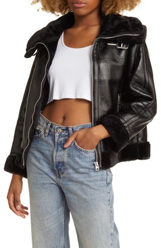 Faux Leather Aviator Jacket with Faux Fur Trim