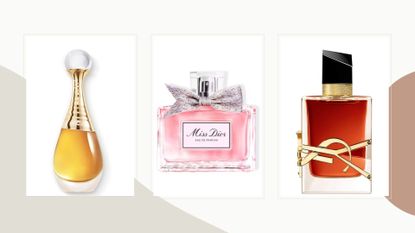 A composite image of three of the best perfume deals in December 2023, on a cream collage background.