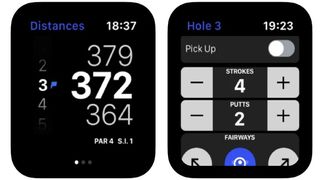 Hole 19 interface on two Apple Watch screens
