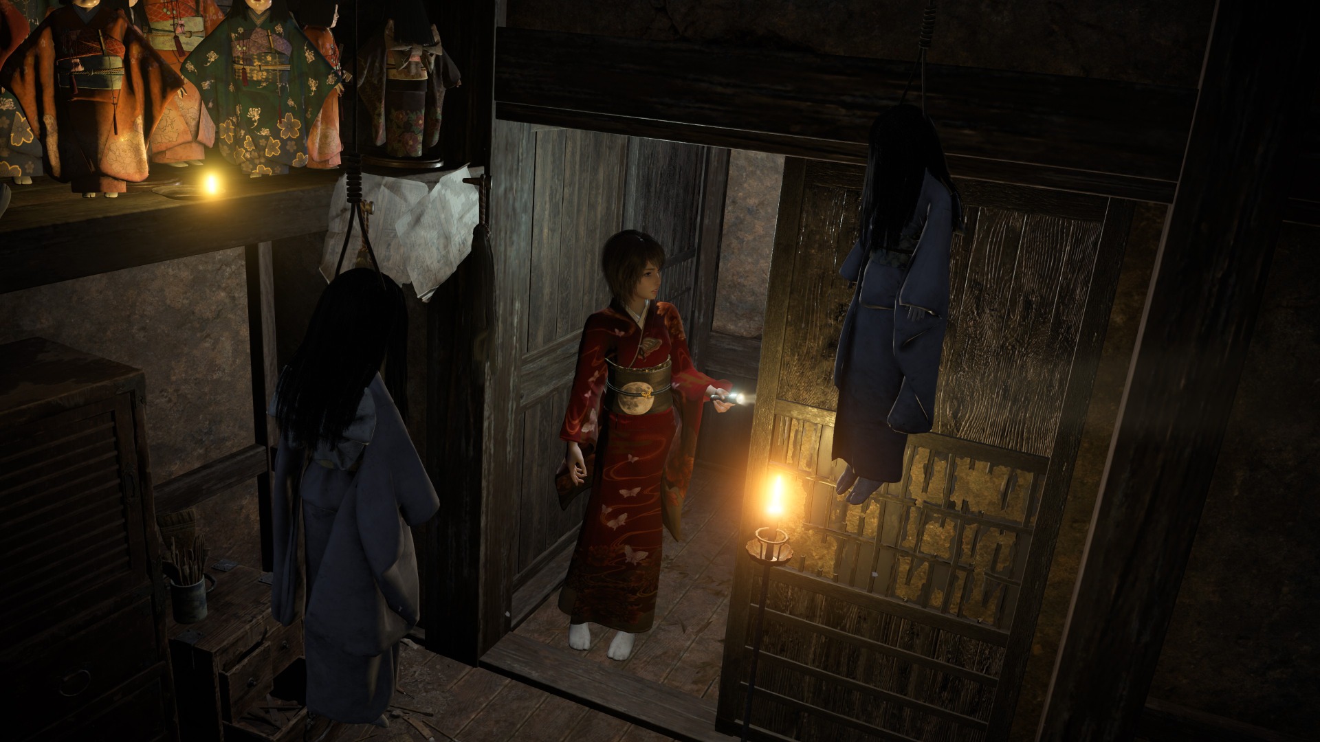 Mio looks around a room where dolls hang from the ceiling