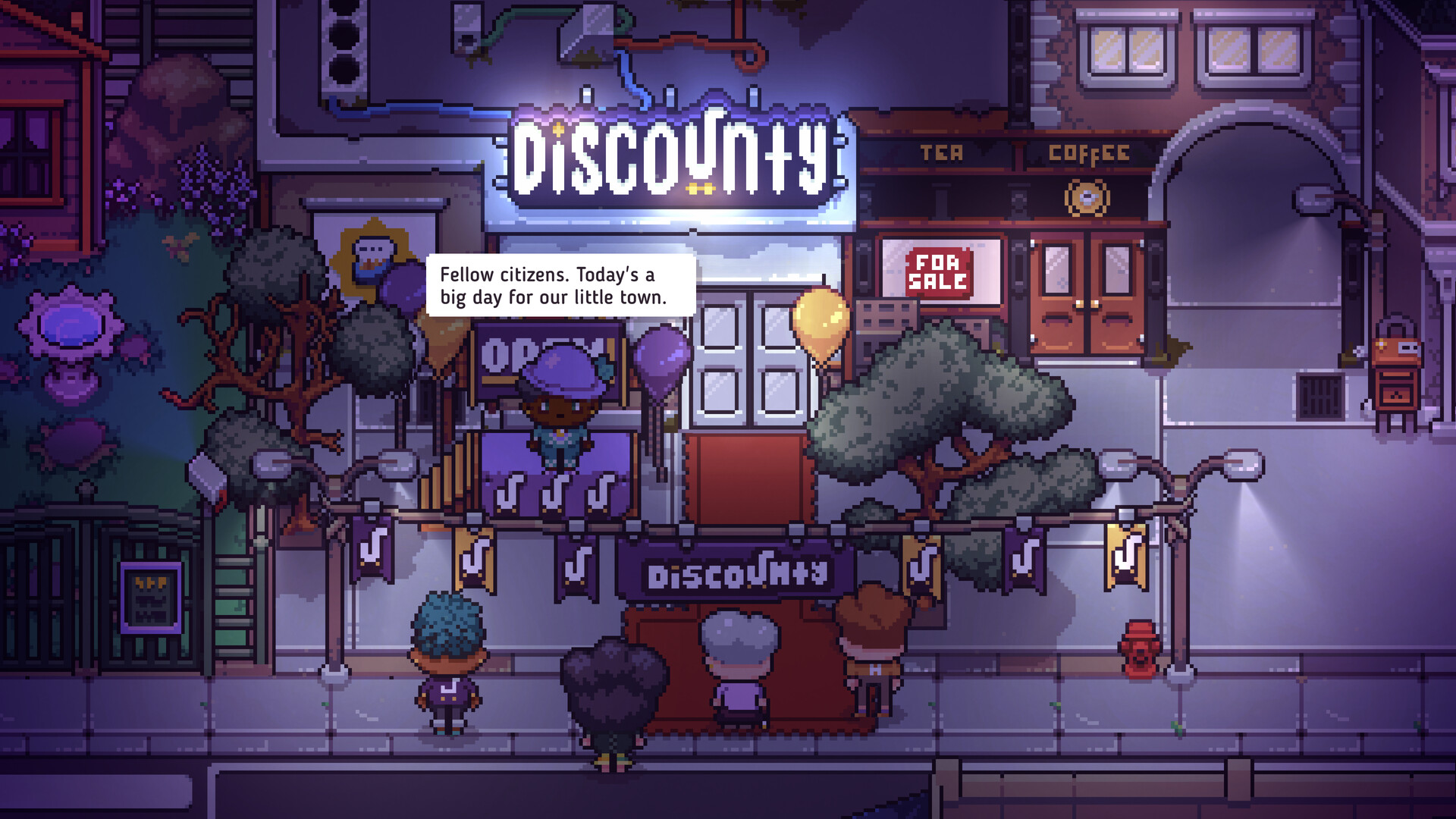 Discounty screenshot showing residents outside of the Discounty store for its opening