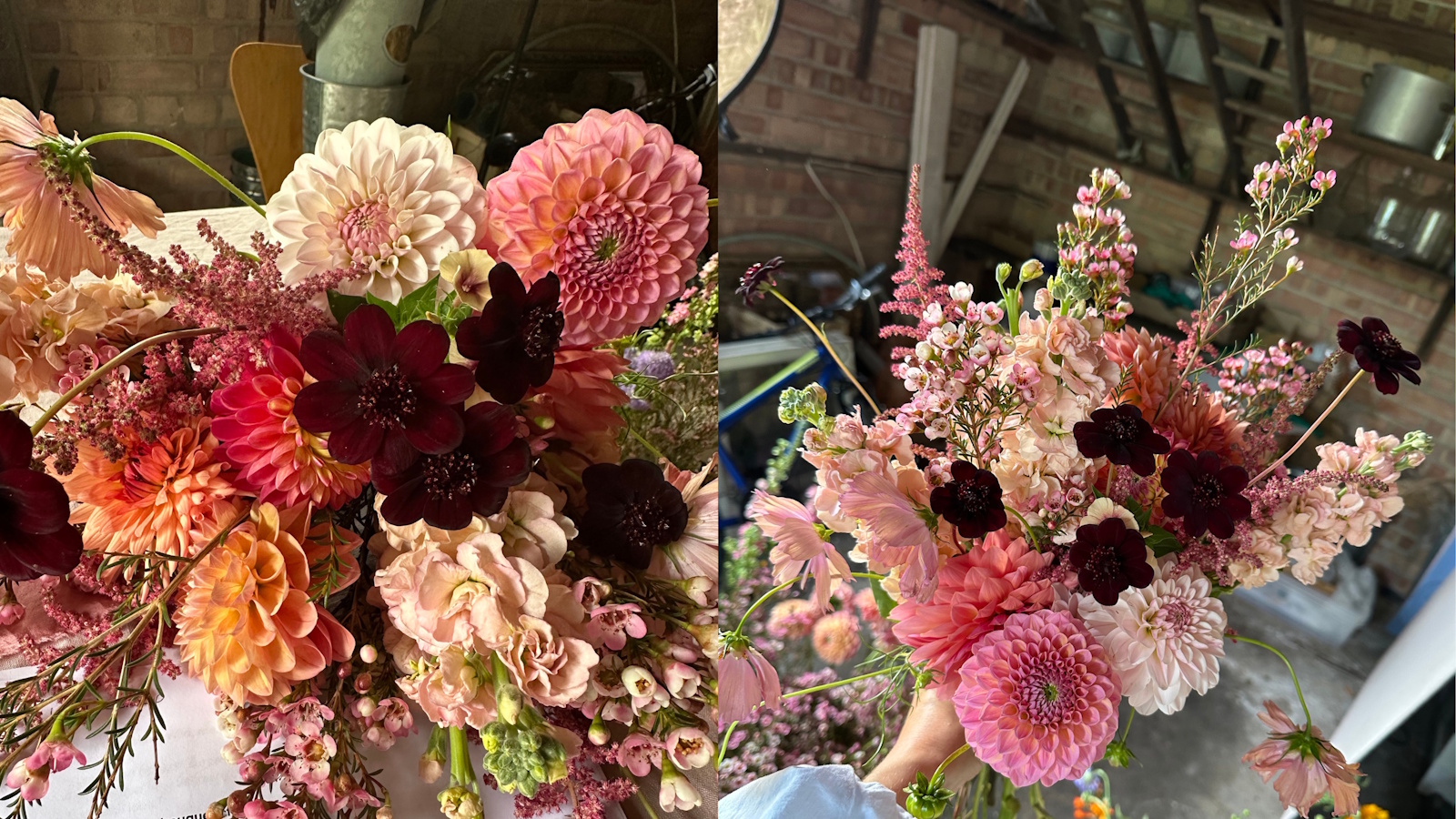 A bouquet of flowers in pink and burgundy tones, with dahlias, astilbe and chocolate cosmos