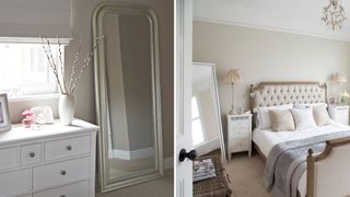 Compilation image of two neutral bedrooms with large mirrors to show how to make a bedroom look expensive on a budget