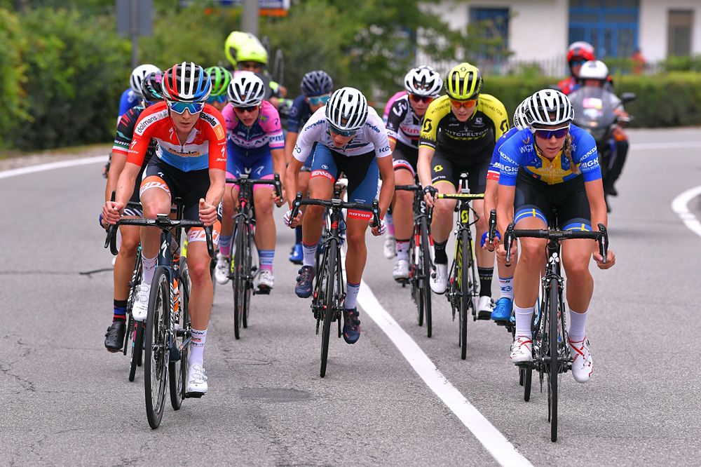 The lead group at stage 5 of the Giro Rosa: Christine Majerus of Luxembourg and Boels - Dolmans Cycling Team / Sarah Roy of Australia and Team Mitchelton-Scott / Emilia Fahlin of Sweden and Team Wiggle High5 / Ashleigh Moolman Pasio of South Africa and Cervelo-Bigla Pro Cycling Team