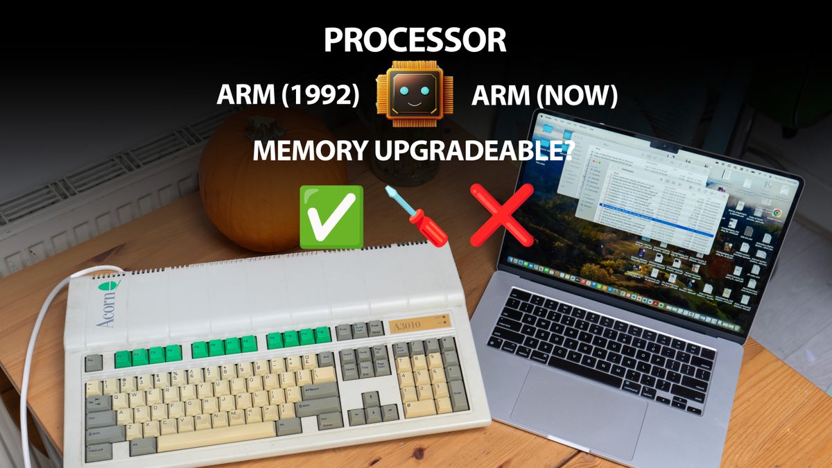 Acorn A3010 and Apple MacBook Pro with text explaining that only the Acorn from 1992 has upgradeable memory