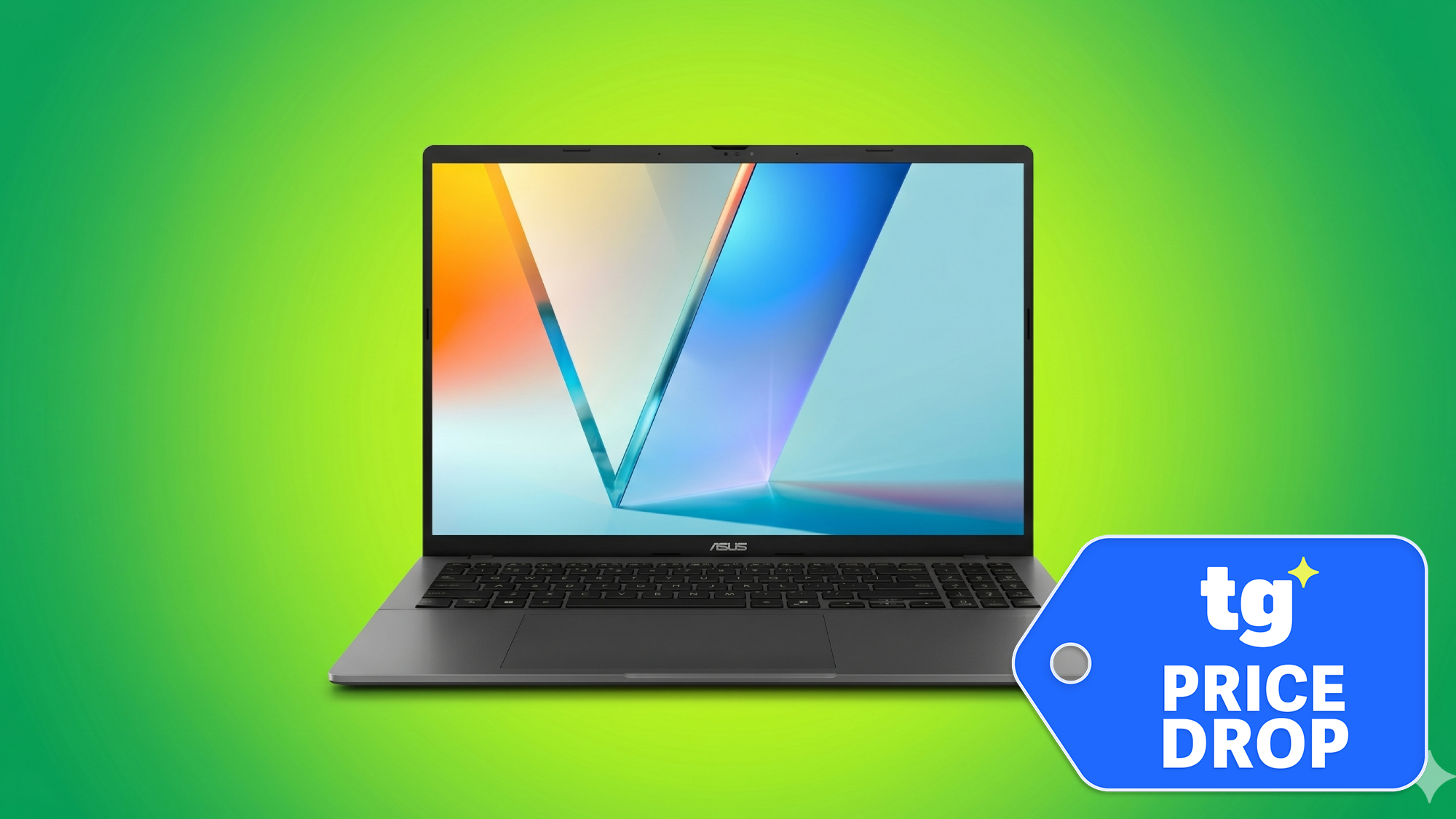 Asus Vivobook S16 shown with green background