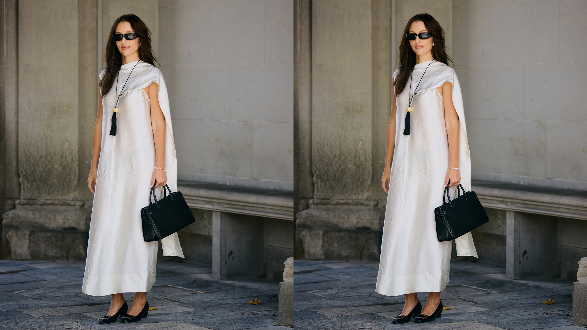 woman wears white dress with black handbag and tassel. 