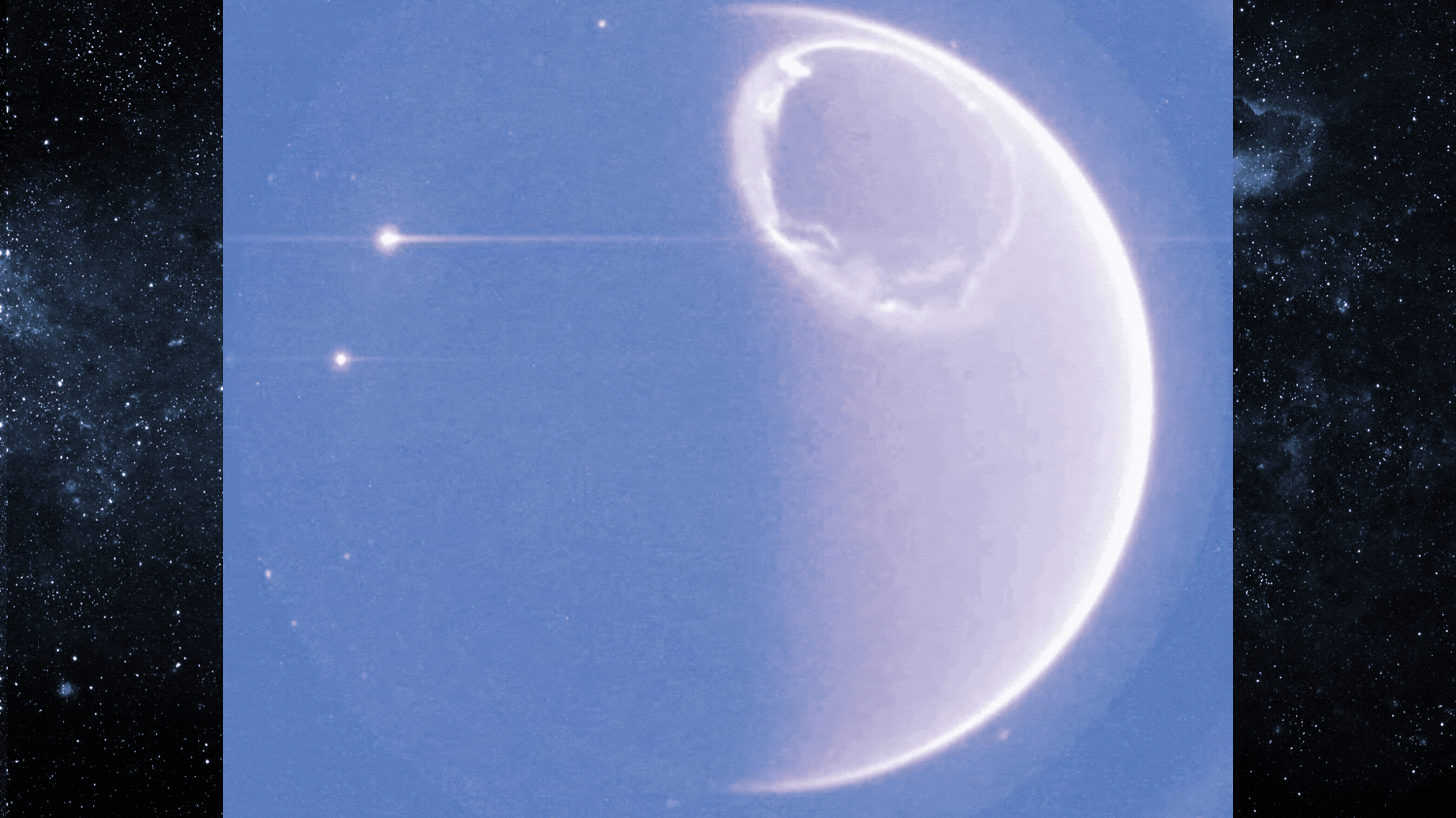 A square blue image, with a little over half of Earth taking up most of the image. Earth looks like how we see the Moon when it is waxing or waning at just over a half-Moon. Because this is an ultraviolet image, Earth does not appear in its usual colours, but is light blue with a white ring. This ring is about a third of the size of the face of Earth that we see, and is quite swirly, like clouds or dye being mixed with water. The background of the image is dark blue, with some tiny white dots: these are stars. The stars are moving downwards, giving the impression that the satellite taking the footage is moving. Text at the top left says 'Smile UVI / 2026-07-24T00:00:00 UT' with the timestamp increasing from 00:00:00 to 00:59:08 throughout the GIF
