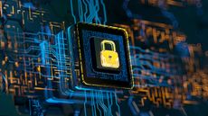 A CGI image showing a yellow padlock on a stylized computer motherboard background to represent cybersecurity and the cybersecurity landscape.