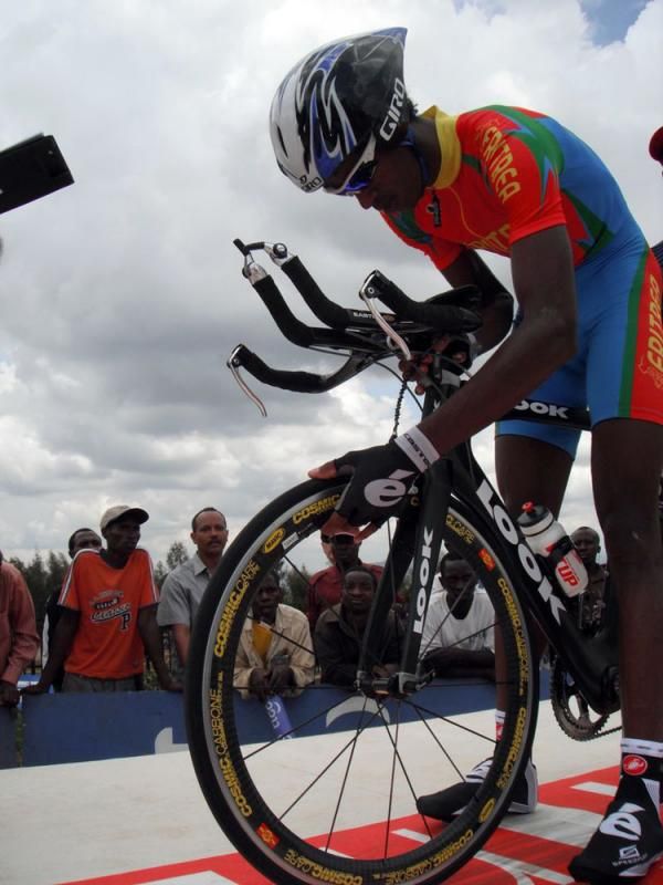Daniel Teklehaimanot checks his bike the start