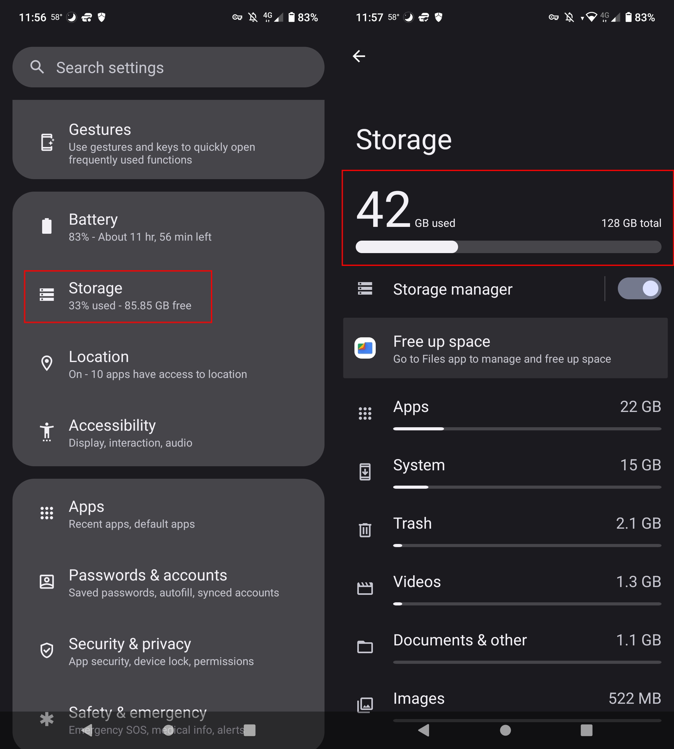 Android setting that show storage option