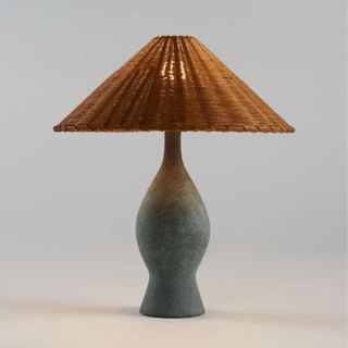 Courbe Green Ceramic Table Lamp with Rattan Shade by Athena Calderone