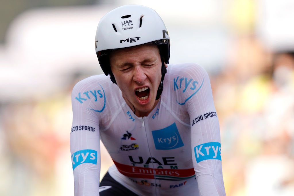 LA PLANCHE, FRANCE - SEPTEMBER 19: Arrival / Tadej Pogacar of Slovenia and UAE Team Emirates White Best Young Jersey / Celebration / during the 107th Tour de France 2020, Stage 20 a 36,2km Individual Time Trial stage from Lure to La Planche Des Belles Filles 1035m / ITT / #TDF2020 / @LeTour / on September 19, 2020 in La Planche, France. (Photo by Christophe Ena - Pool/Getty Images)