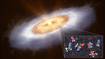An artist's impression showing the planet-forming disk around the star V883 Orions.