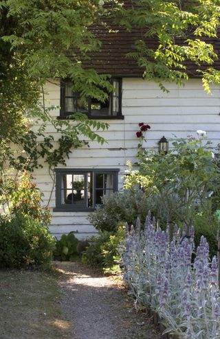 flower lined path leading to cottage in a summer garden