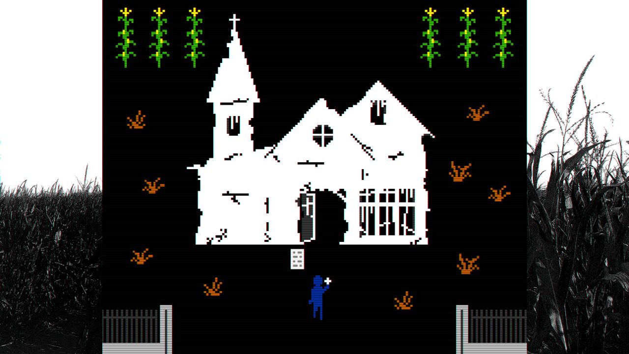 zoomed out view of a bright white abandoned church in faith